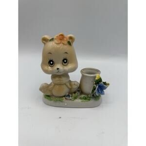 Vintage Bear with Flowers and Pot-Porcelain Toothpick Holder 1950'S